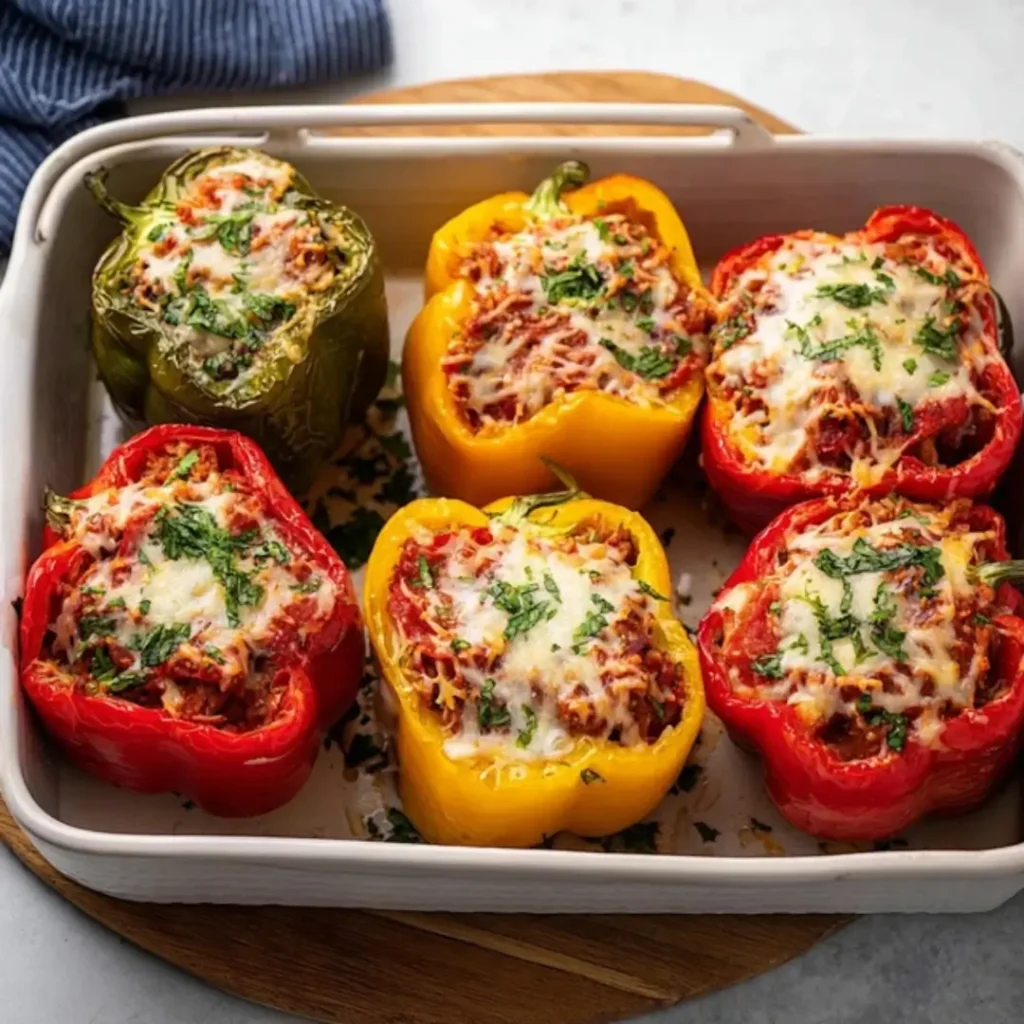 Baked stuffed bell peppers filled with beef, rice, and melted cheese, garnished with fresh parsley and served warm.