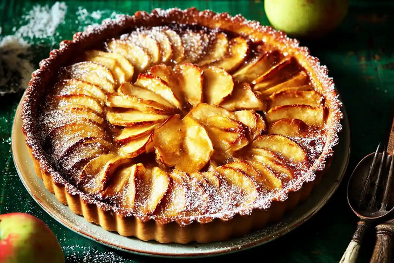A golden-crusted, rustic Apple Tart Recipe is presented on a wooden board, with a slice removed to reveal its warm, fruit filling.