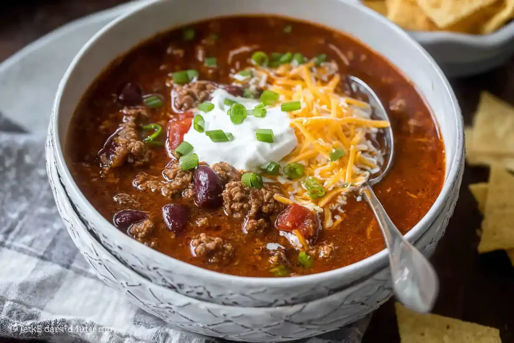 A steaming bowl of hearty Beef Chili Recipe, garnished with shredded cheese, a dollop of sour cream, and fresh green onions.