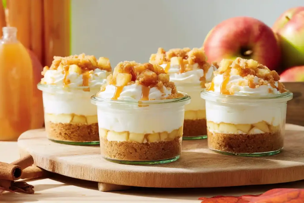A collection of individual clear dessert cups showcasing layers of diced apples, creamy caramel, and a crumble topping, presented as Caramel Apple Dessert Cups.