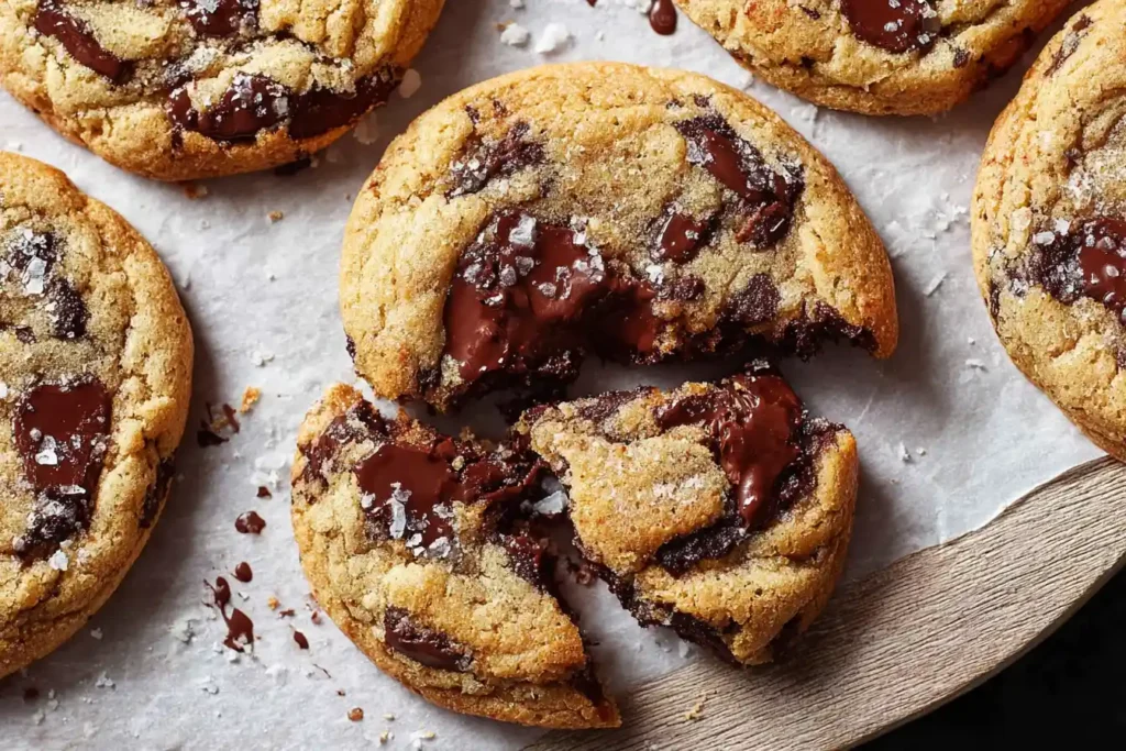 A close-up shows several warm, golden-brown Chocolate Chip Cookies with melted chocolate chips on a white plate.