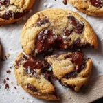 A close-up shows several warm, golden-brown Chocolate Chip Cookies with melted chocolate chips on a white plate.