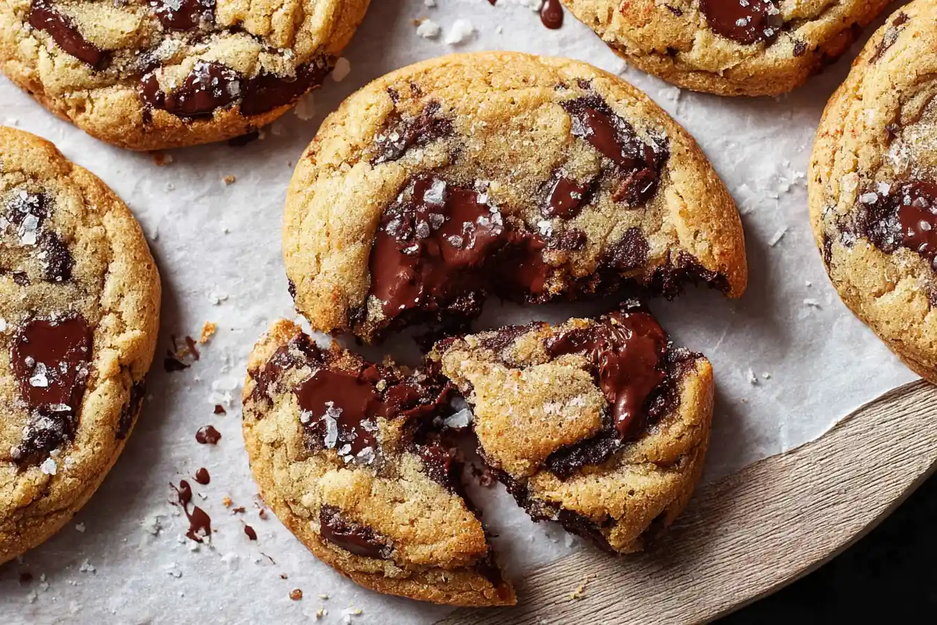 A close-up shows several warm, golden-brown Chocolate Chip Cookies with melted chocolate chips on a white plate.
