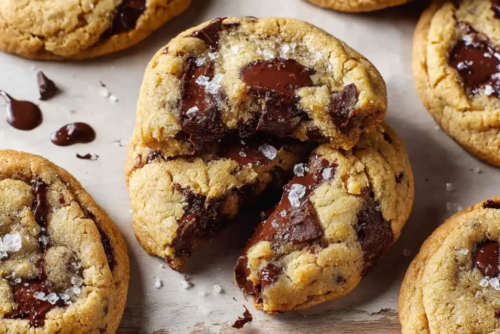 A close-up shows a stack of warm, golden-brown Chocolate Chip Cookies with melty chocolate chunks.