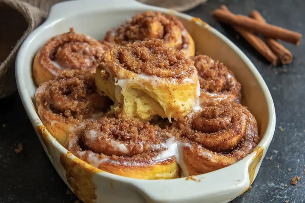 A plate holds several golden-brown Cinnamon Crunch Rolls, generously topped with a white glaze and a crispy streusel.