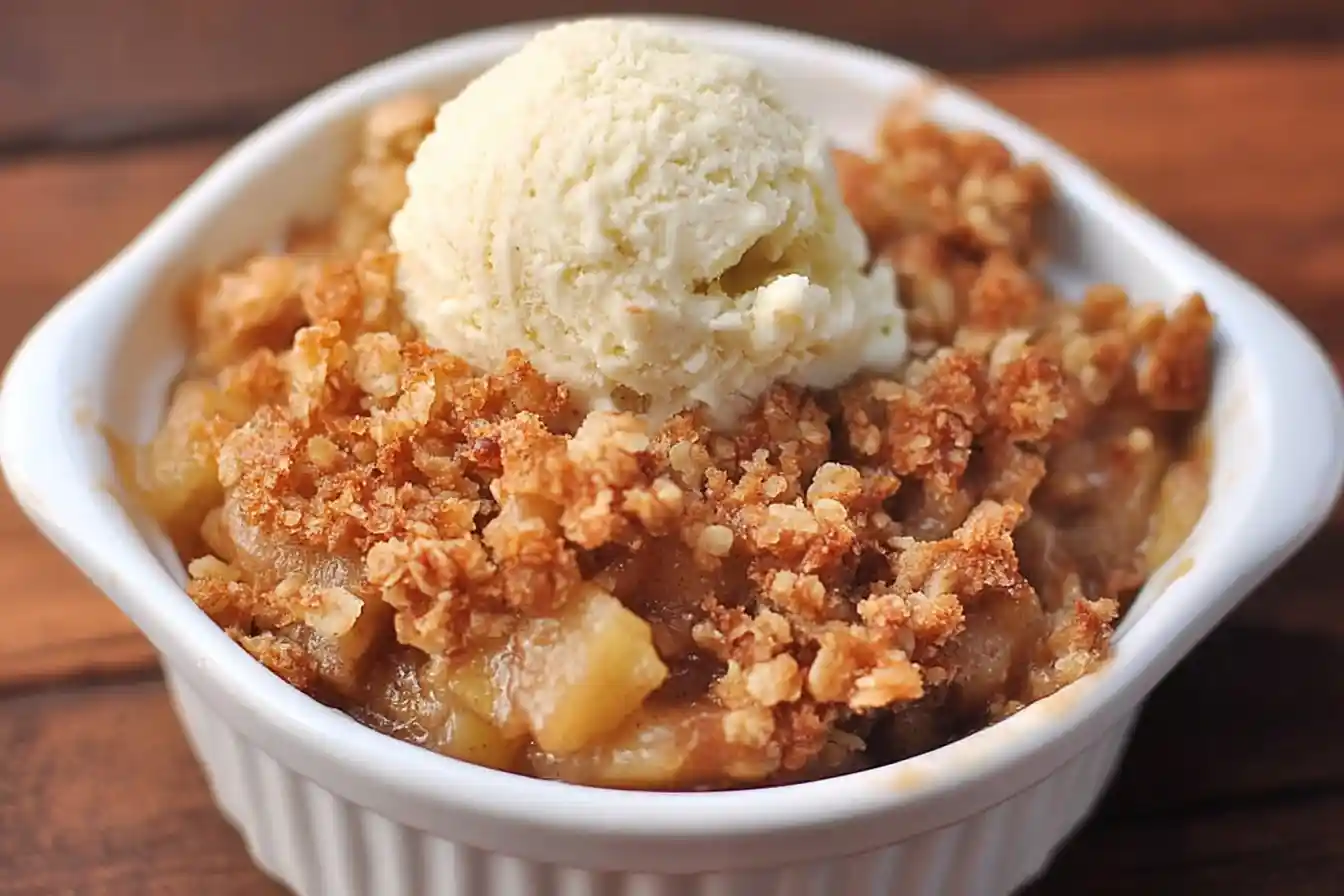 A close-up shot shows a warm bowl of Classic Apple Crisp topped with melting vanilla ice cream and a spoon.