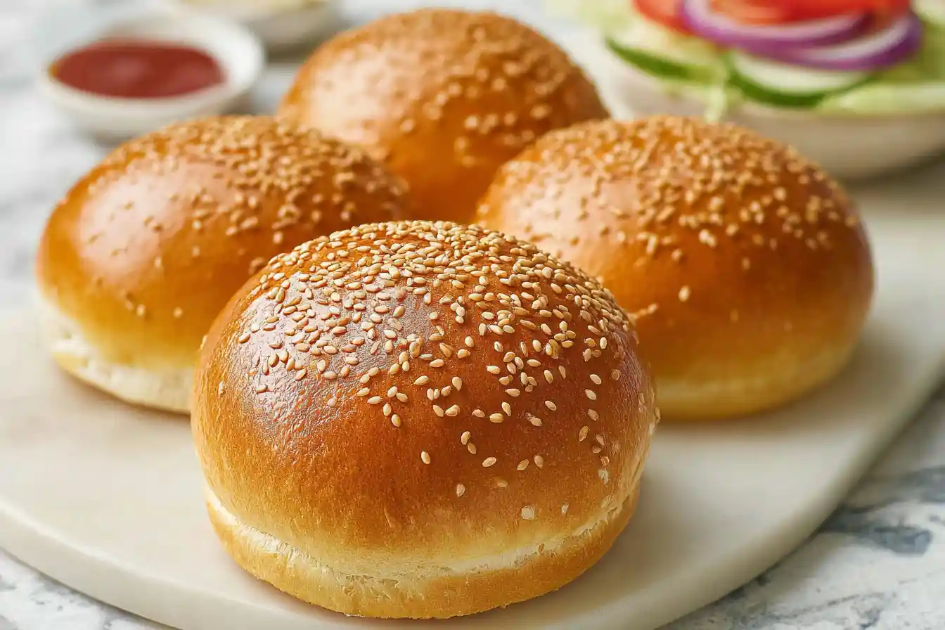 A freshly baked, golden-brown hamburger bun, topped with sesame seeds, is presented.