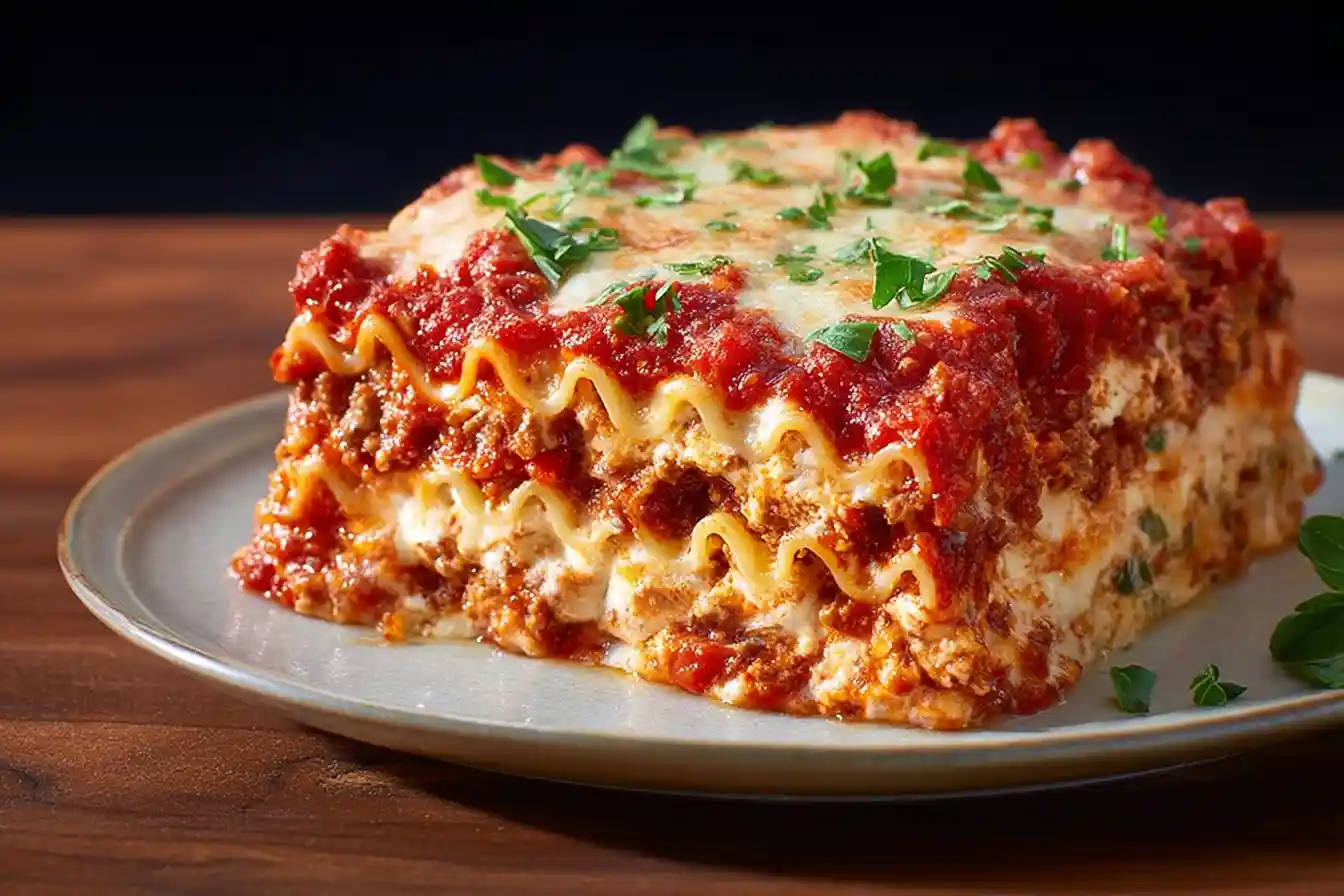 A close-up shot of a golden-brown, bubbling lasagna in a baking dish, showcasing a perfect Lasagna Recipe.