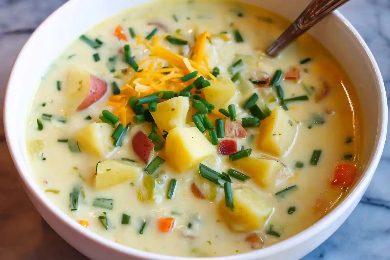 A creamy bowl of homemade Potato Soup Recipe garnished with fresh herbs and a swirl of cream.