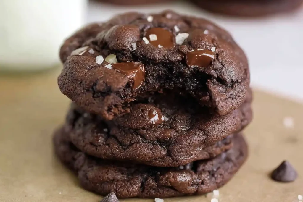 A close-up shot shows several delicious Triple Chocolate Cookies, each loaded with chunks of chocolate and a slightly gooey center.