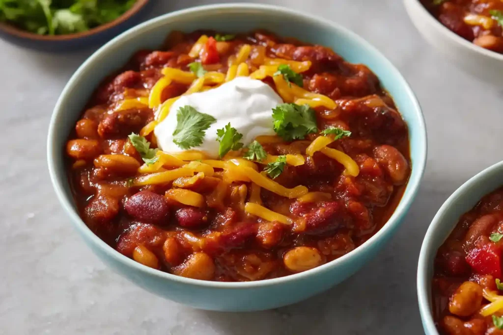 A hearty bowl of vibrant Vegetarian Chili, garnished with fresh cilantro and a dollop of sour cream, is placed on a rustic wooden table.