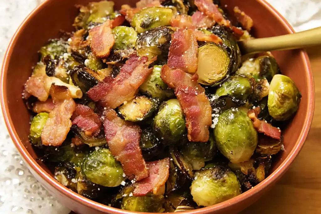 A close-up view of a serving dish brimming with perfectly roasted Bacon Brussels Sprouts, garnished with fresh herbs.