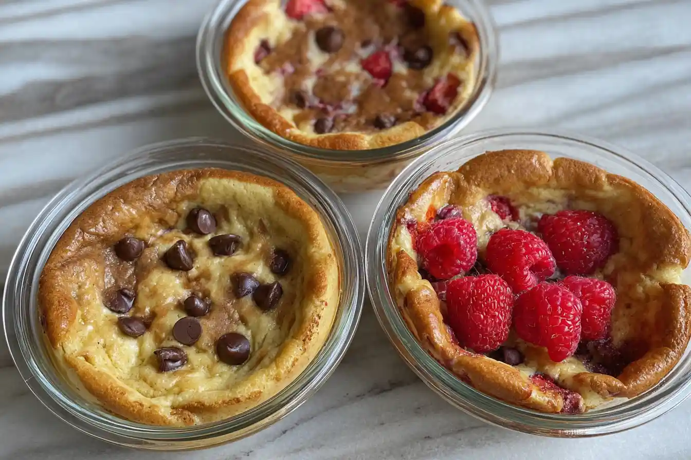 A close-up shot of a beautifully arranged Baked Protein Pancake Bowl, overflowing with colorful fresh berries, banana slices, and a sprinkle of nuts.