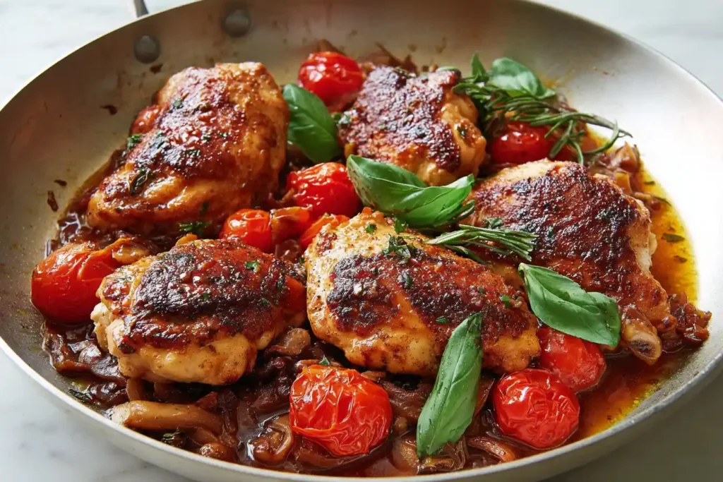 A close-up view of succulent Balsamic Chicken served on a plate, garnished with fresh herbs.