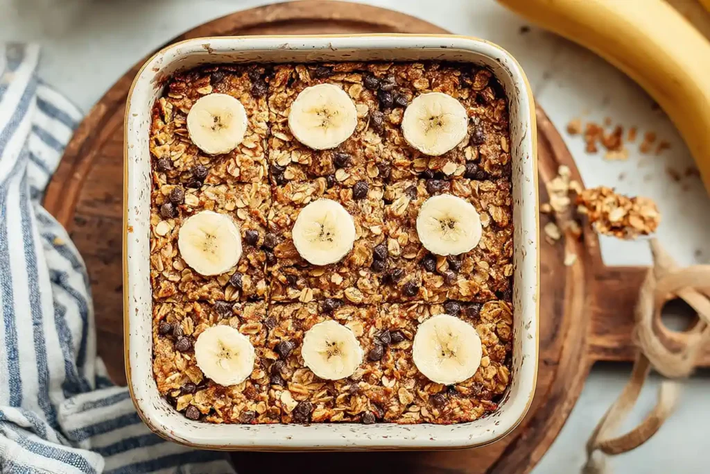 A close-up shot of a single serving of delicious Banana Bread Baked Oats in a white bowl, topped with sliced bananas and a sprinkle of cinnamon.