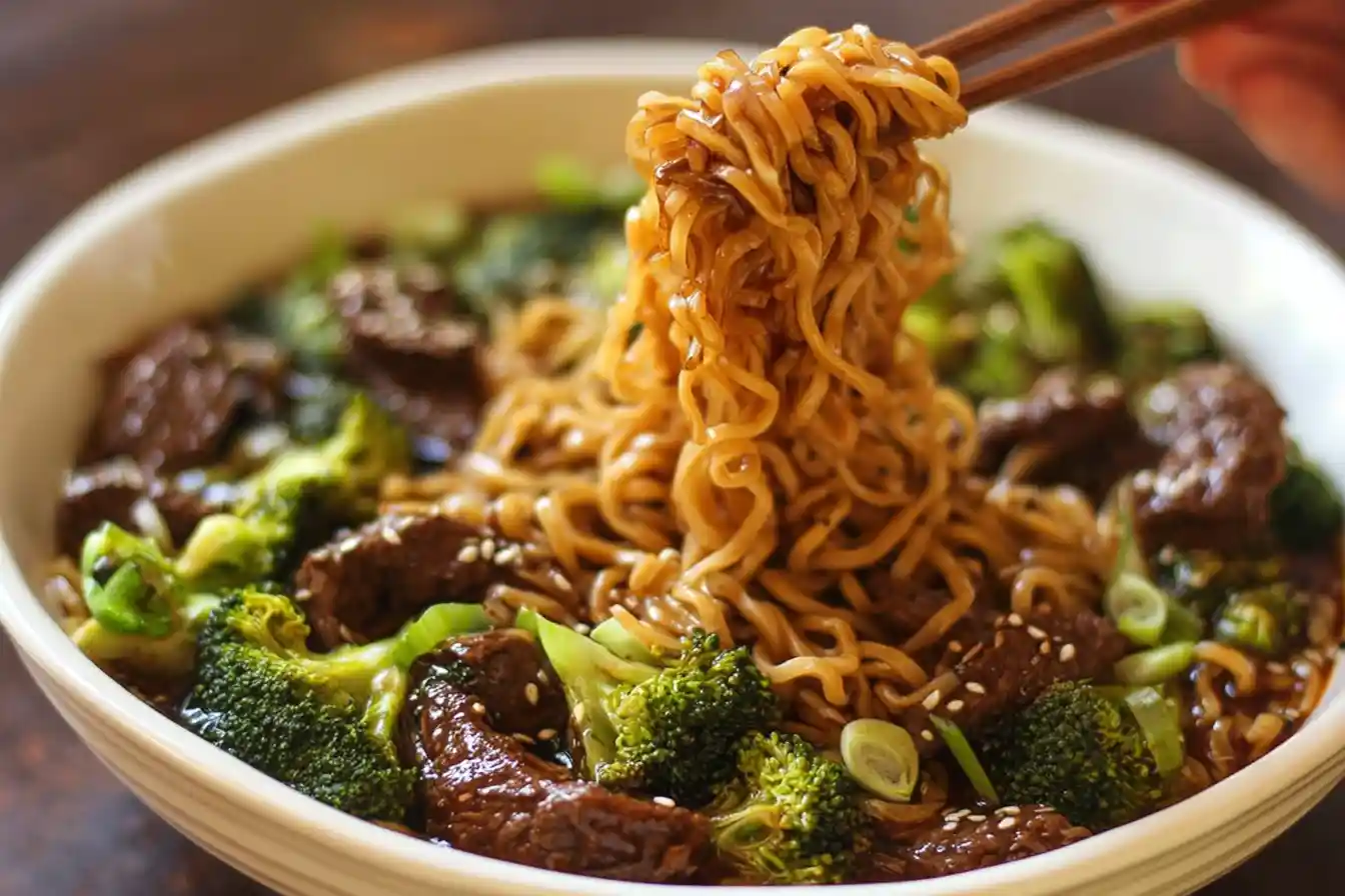 A steaming bowl of Beef and Broccoli Ramen, garnished with sesame seeds and sliced green onions.