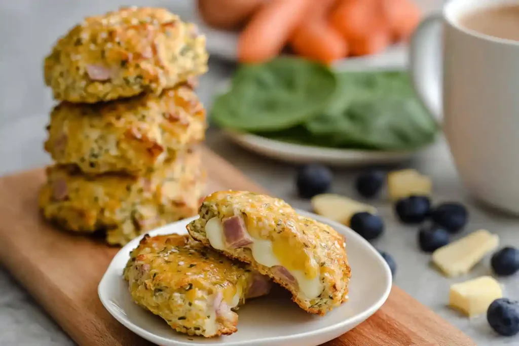 A close-up shot of several golden-brown Breakfast Protein Biscuits on a plate, looking fresh and ready to eat.