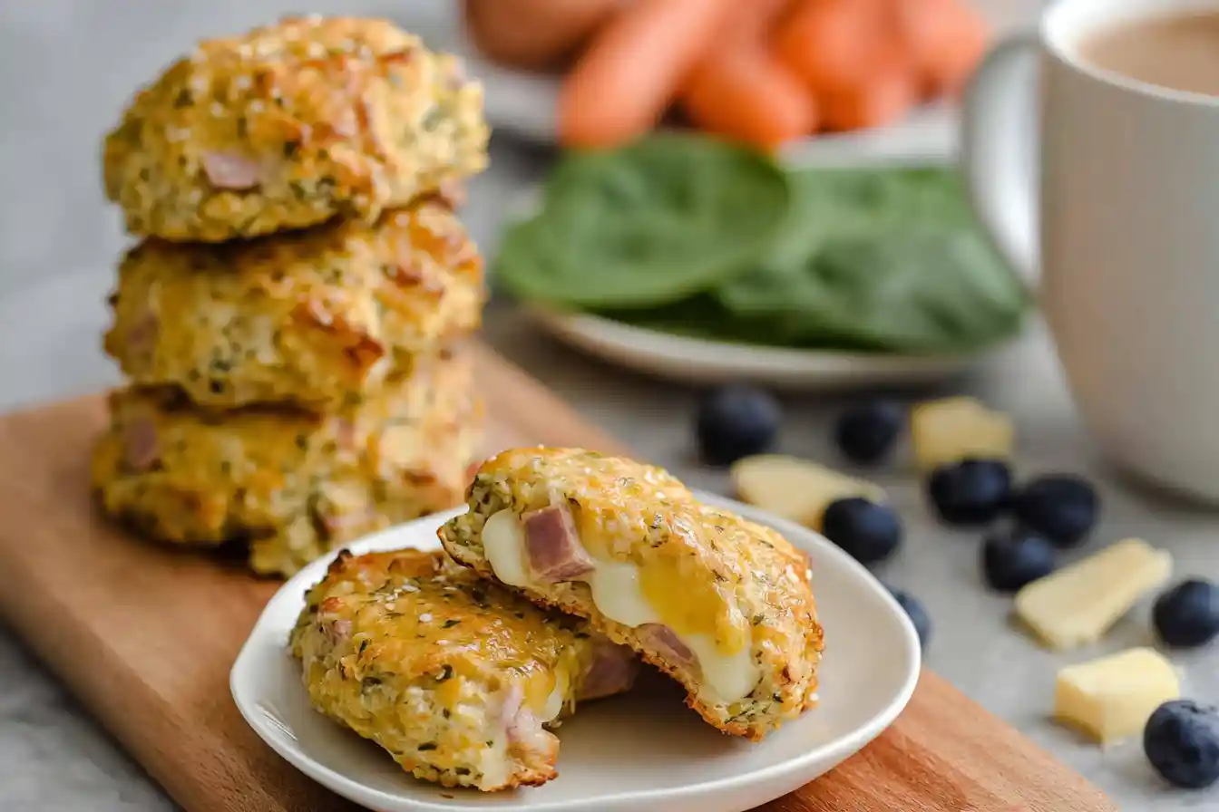 A close-up shot of several golden-brown Breakfast Protein Biscuits on a plate, looking fresh and ready to eat.