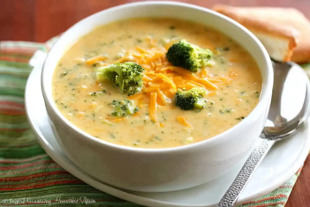 A steaming bowl of rich, creamy Broccoli Cheddar Soup topped with fresh green broccoli florets and melted cheddar cheese.