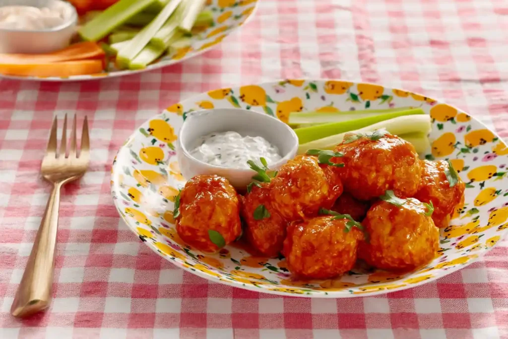 A vibrant close-up shot of several Buffalo Chicken Meatballs coated in a rich red sauce, garnished with chopped green onions, and artfully arranged in a rustic serving bowl.