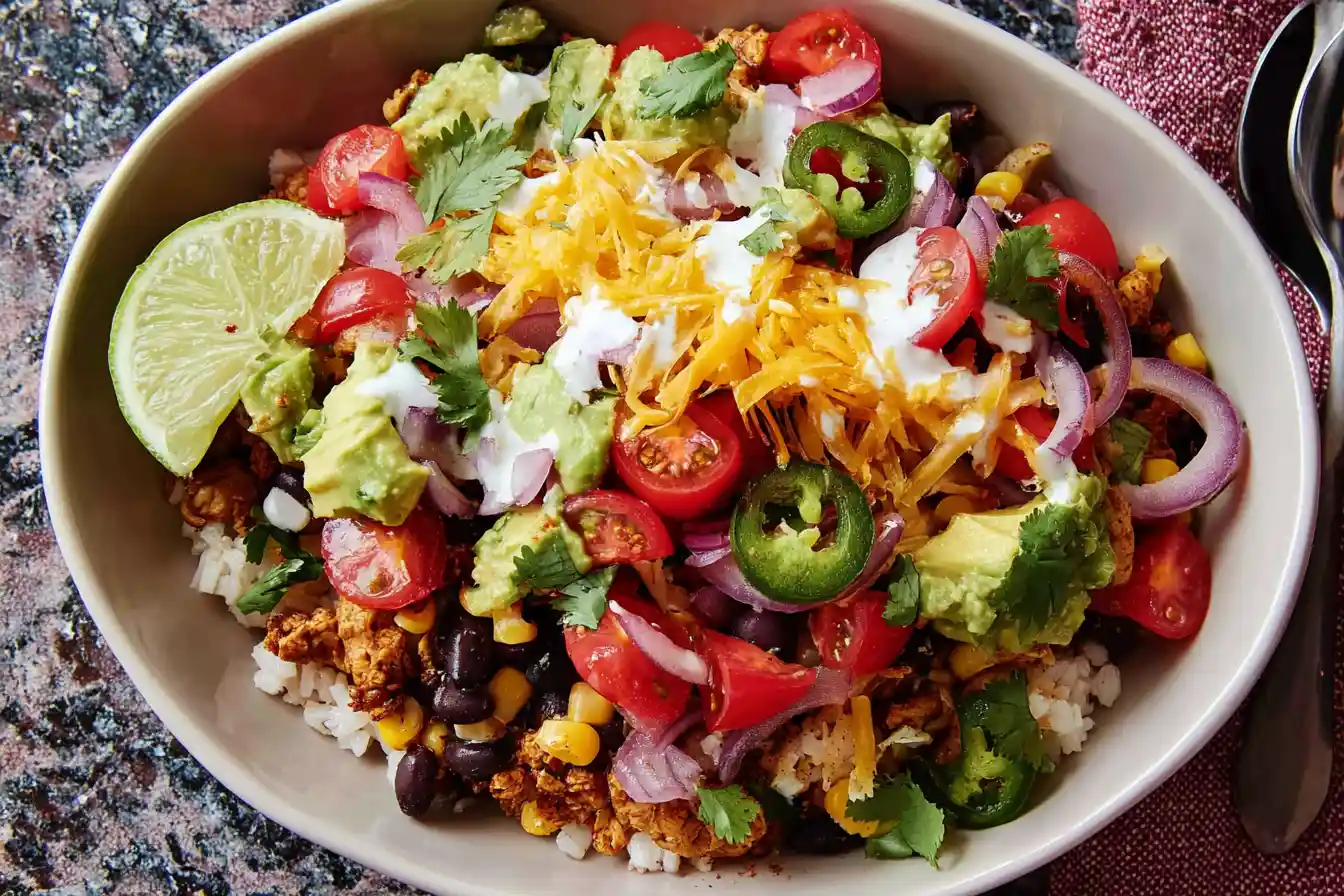 A vibrant and colorful Burrito Bowl Recipe featuring rice, beans, corn salsa, avocado slices, and grilled chicken, garnished with fresh cilantro and a lime wedge.