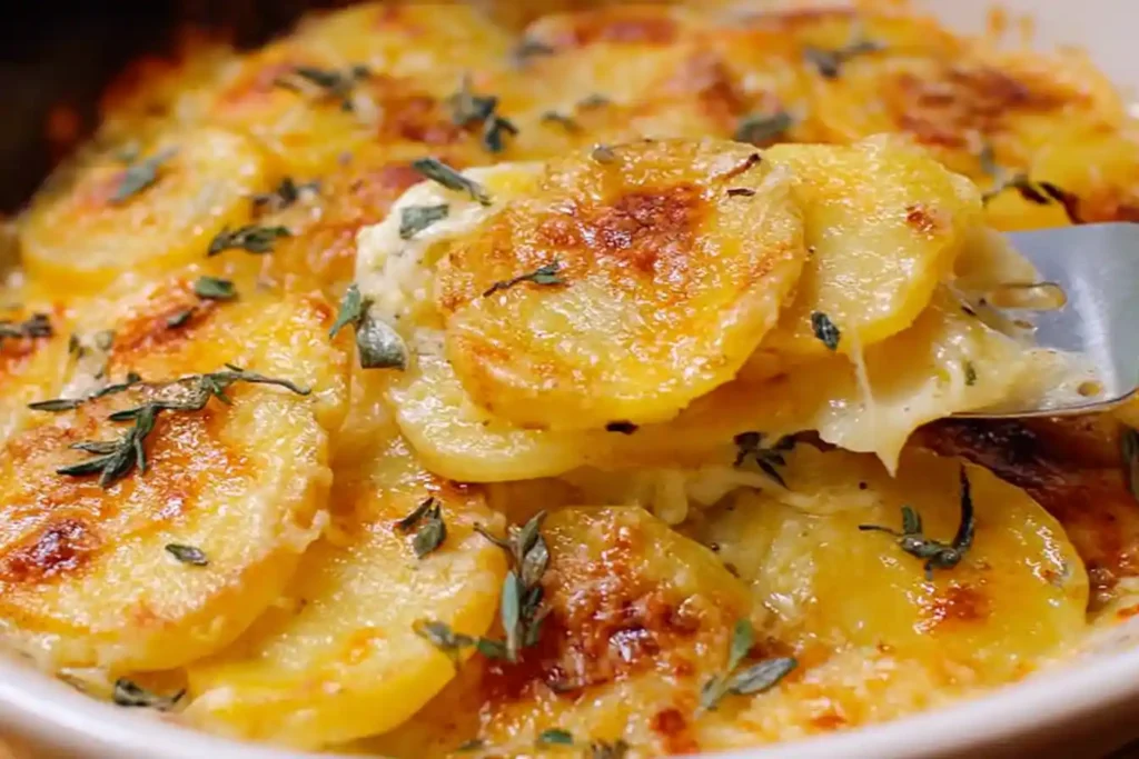 A close-up shot of a golden-brown casserole dish filled with perfectly baked Buttery Scalloped Potatoes, garnished with fresh green herbs.