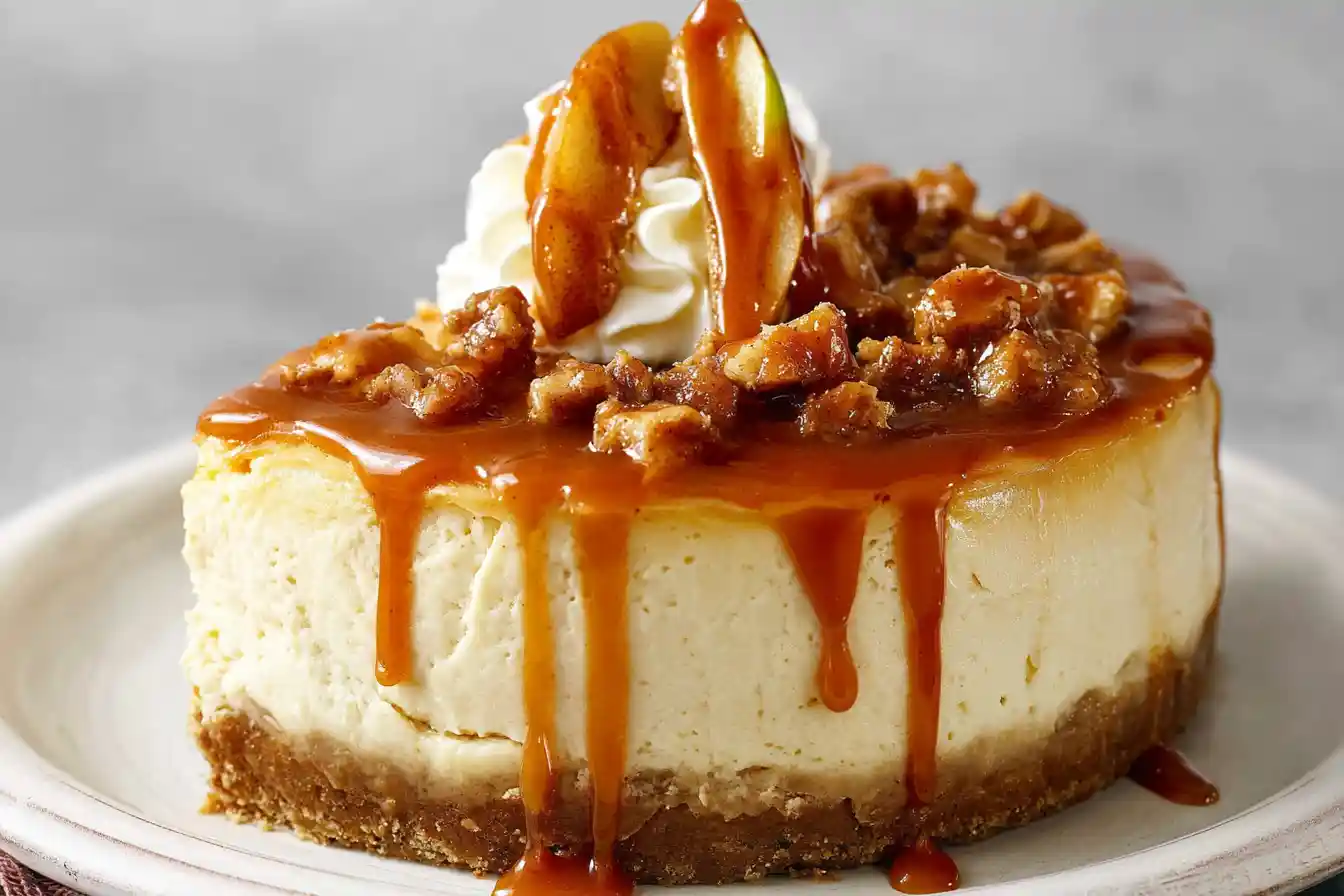 A decadent slice of caramel apple cheesecake sits on a white plate, garnished with fresh apple slices and a rich caramel drizzle.