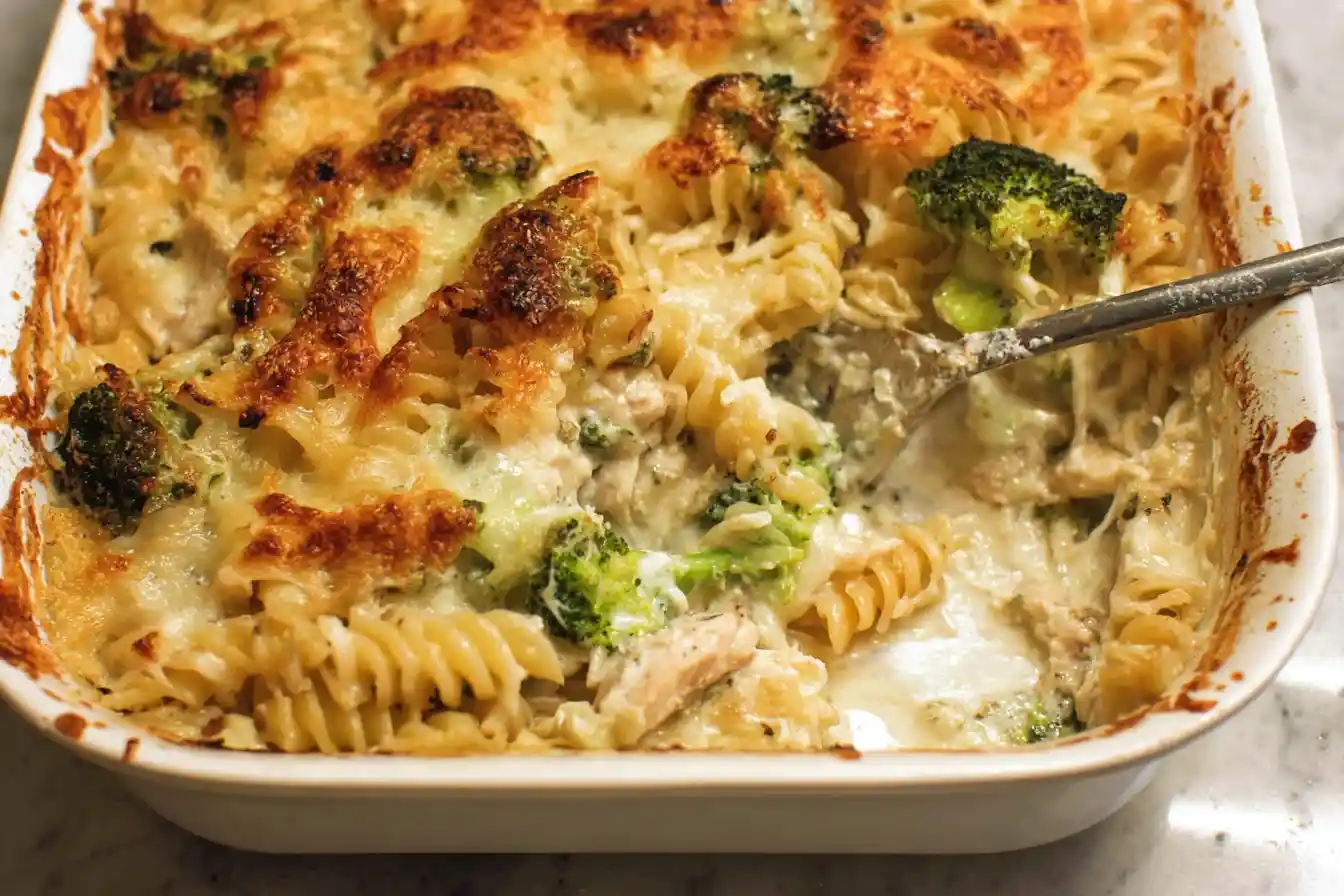 A golden-brown Chicken and Broccoli Pasta Bake, garnished with fresh parsley, is presented in a white casserole dish on a rustic wooden table.