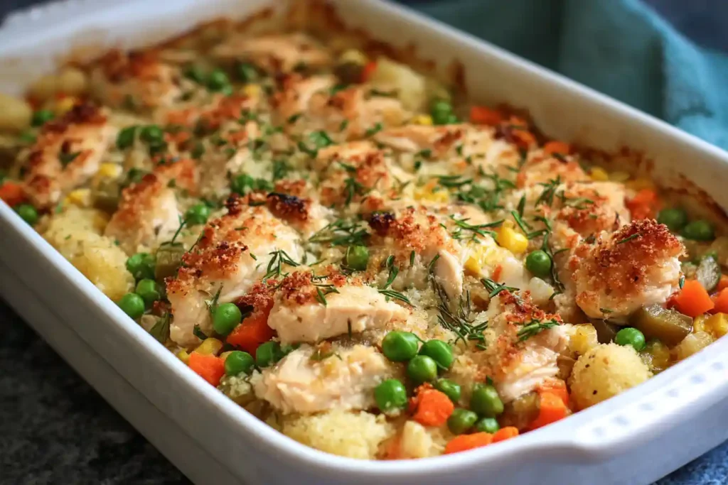 A freshly baked golden-brown Chicken Casserole in a ceramic dish, garnished with fresh herbs.