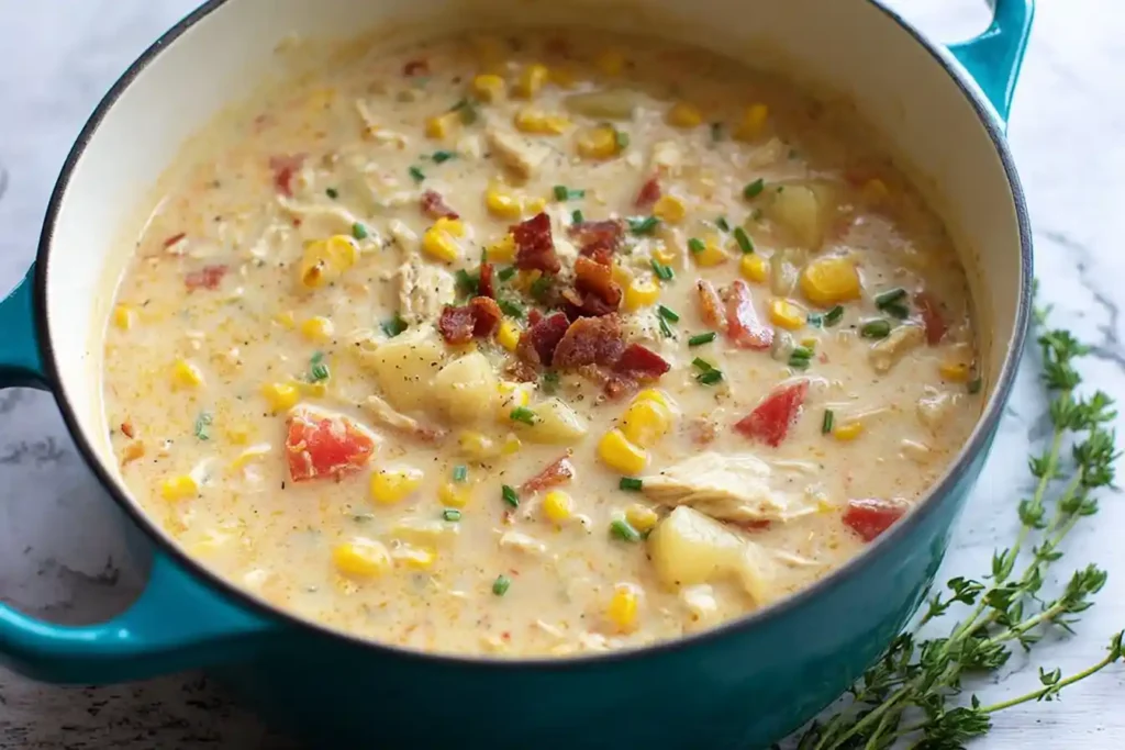 A steaming bowl of creamy Chicken Corn Chowder, garnished with fresh herbs, is presented on a rustic surface.