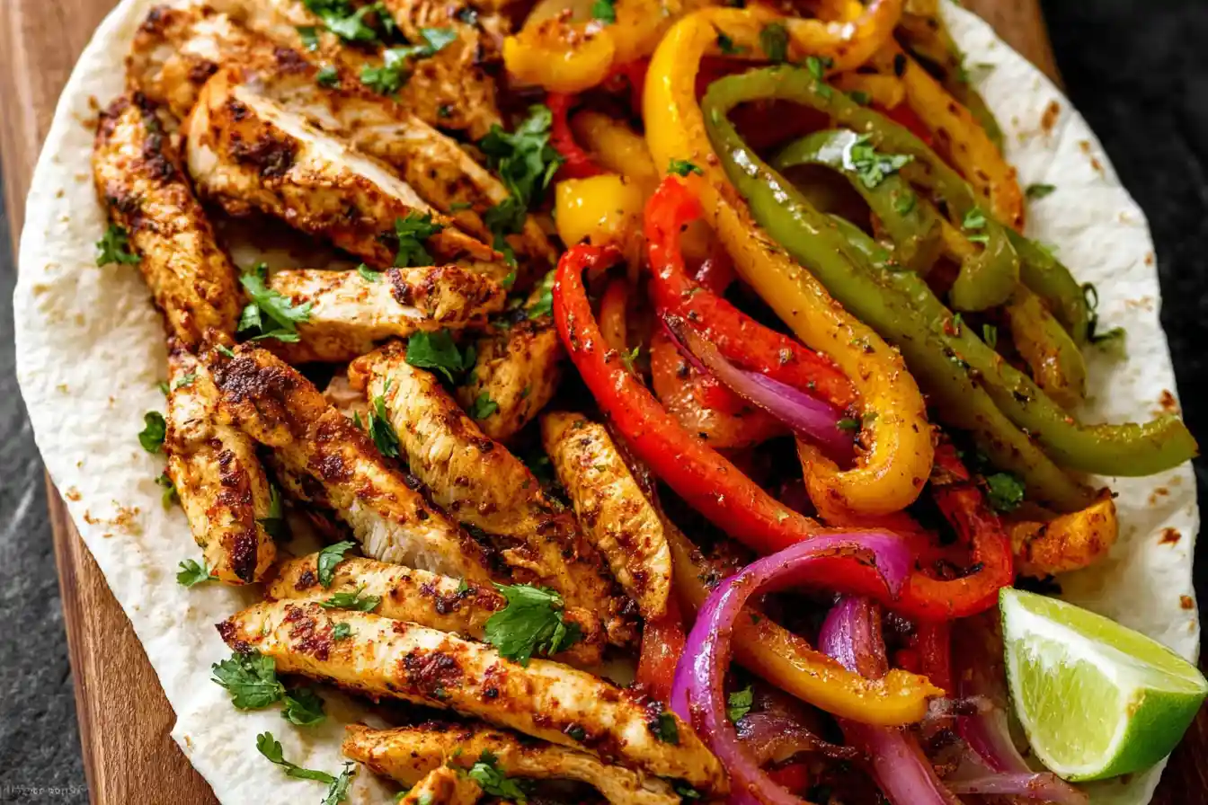 A close-up shot of a sizzling cast iron skillet filled with vibrant Chicken Fajitas, served with tortillas and fresh toppings on the side.