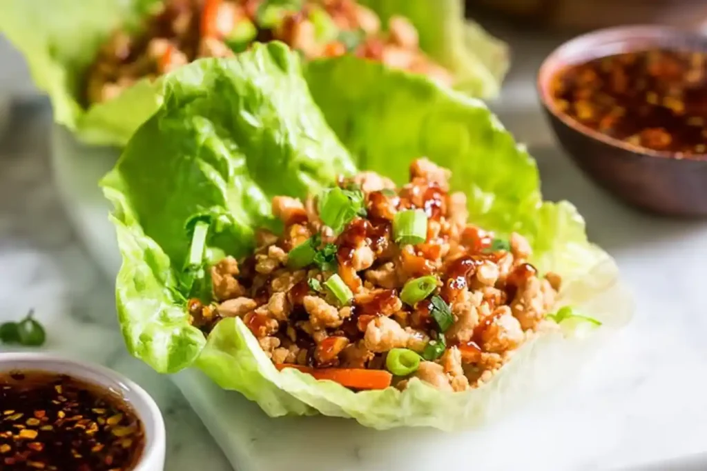 A vibrant close-up shows several freshly prepared Chicken Lettuce Wraps, filled with savory chicken and garnished with sesame seeds, arranged on a white plate.