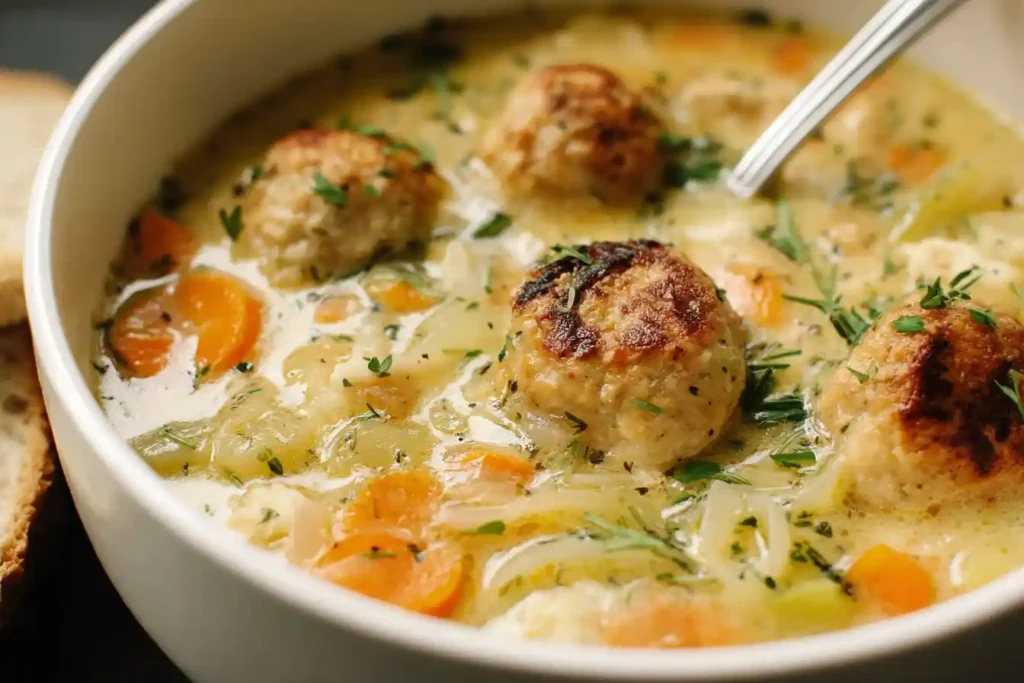 A close-up shot of a steaming bowl of Chicken Meatball Soup, garnished with fresh dill and a sprinkle of black pepper.