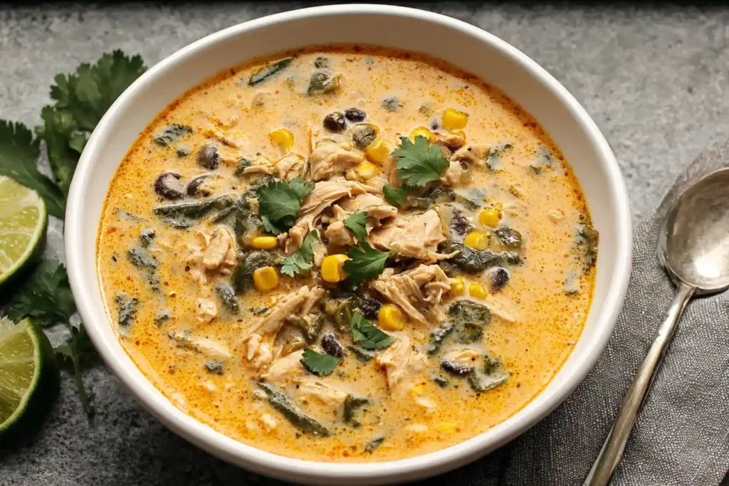 A steaming bowl of vibrant green Chicken Poblano Soup, garnished with fresh cilantro and a swirl of cream, sits on a wooden surface.
