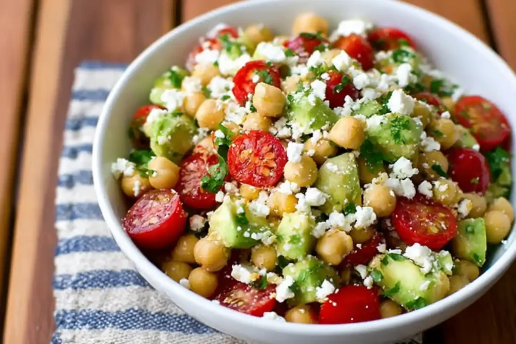 A vibrant close-up of a fresh Chickpea Feta Avocado Salad served in a white bowl, garnished with herbs.