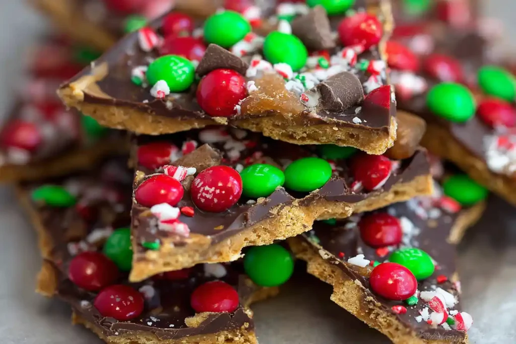 A close-up view of festive, broken pieces of homemade Christmas Bark with Graham Crackers, topped with sprinkles, on a light background.