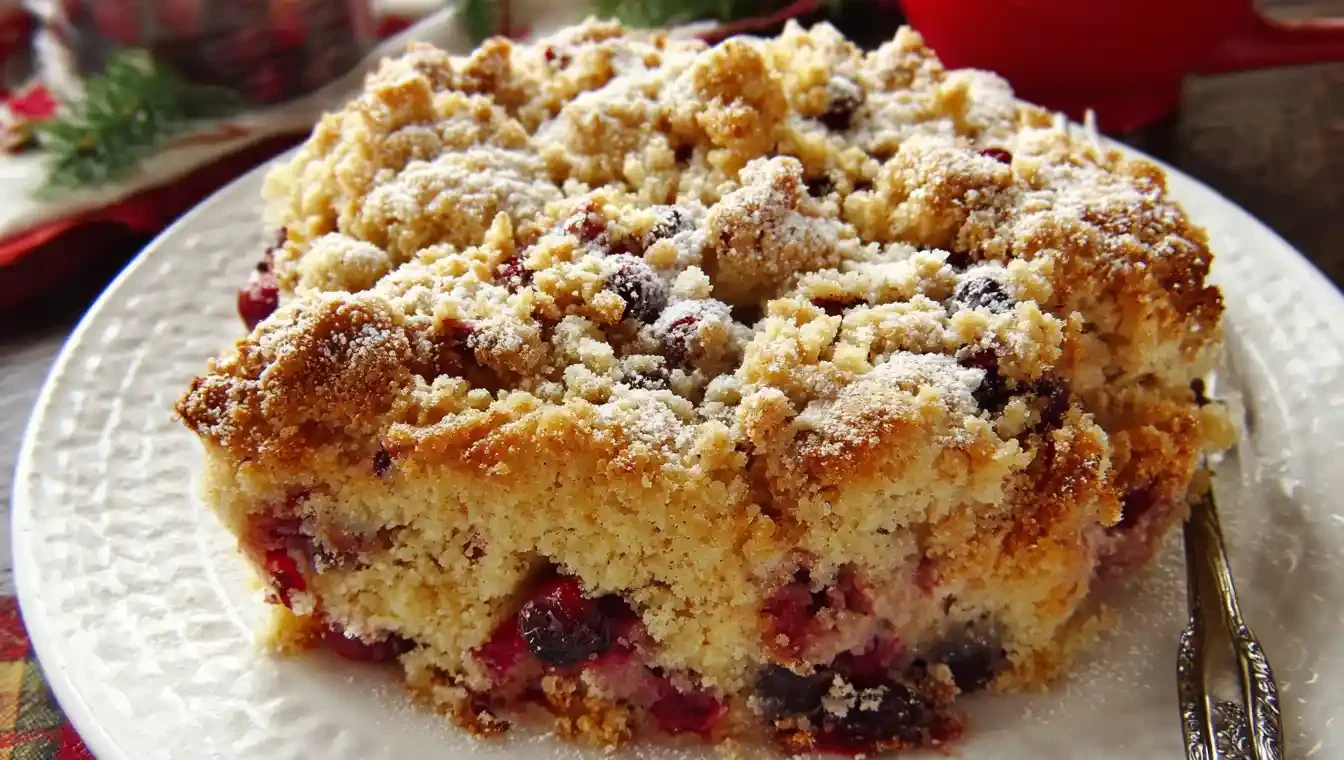 A festive close-up of a baked Christmas Cranberry Buckle Recipe, with a slice cut out to show its tender, cranberry-filled crumb and golden streusel topping.