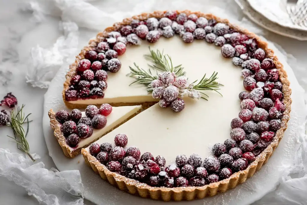 A beautifully baked Christmas Cranberry Tart, adorned with fresh cranberries and rosemary sprigs, rests on a rustic wooden surface.