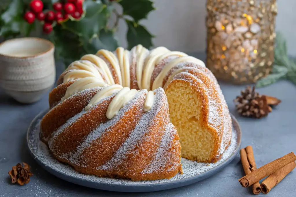 A beautifully glazed Christmas Eggnog Bundt Cake is presented on a festive holiday platter, garnished with cranberries and rosemary.