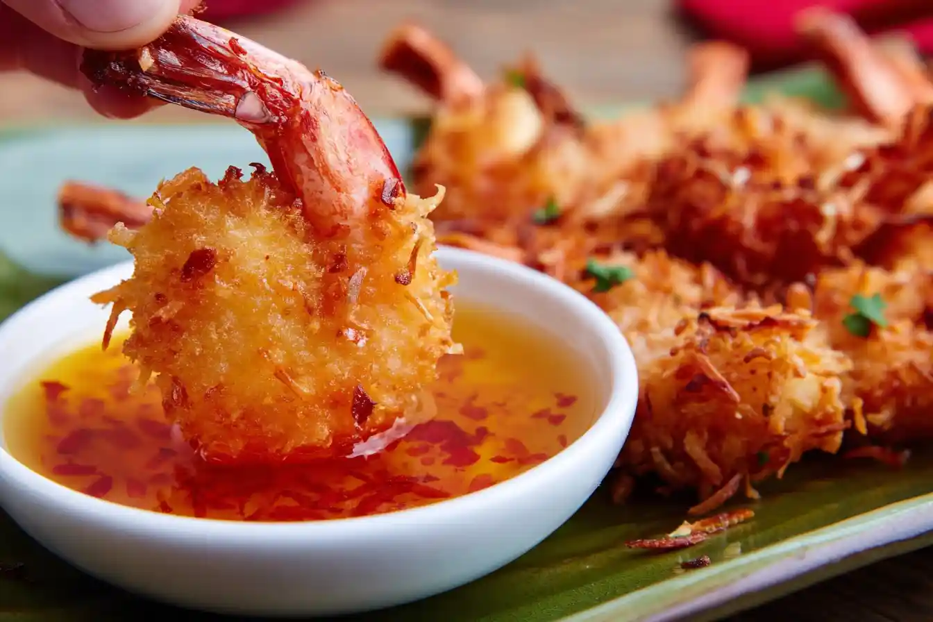 A close-up view of several golden-brown Coconut Shrimp perfectly arranged on a white plate, accompanied by a dipping sauce.