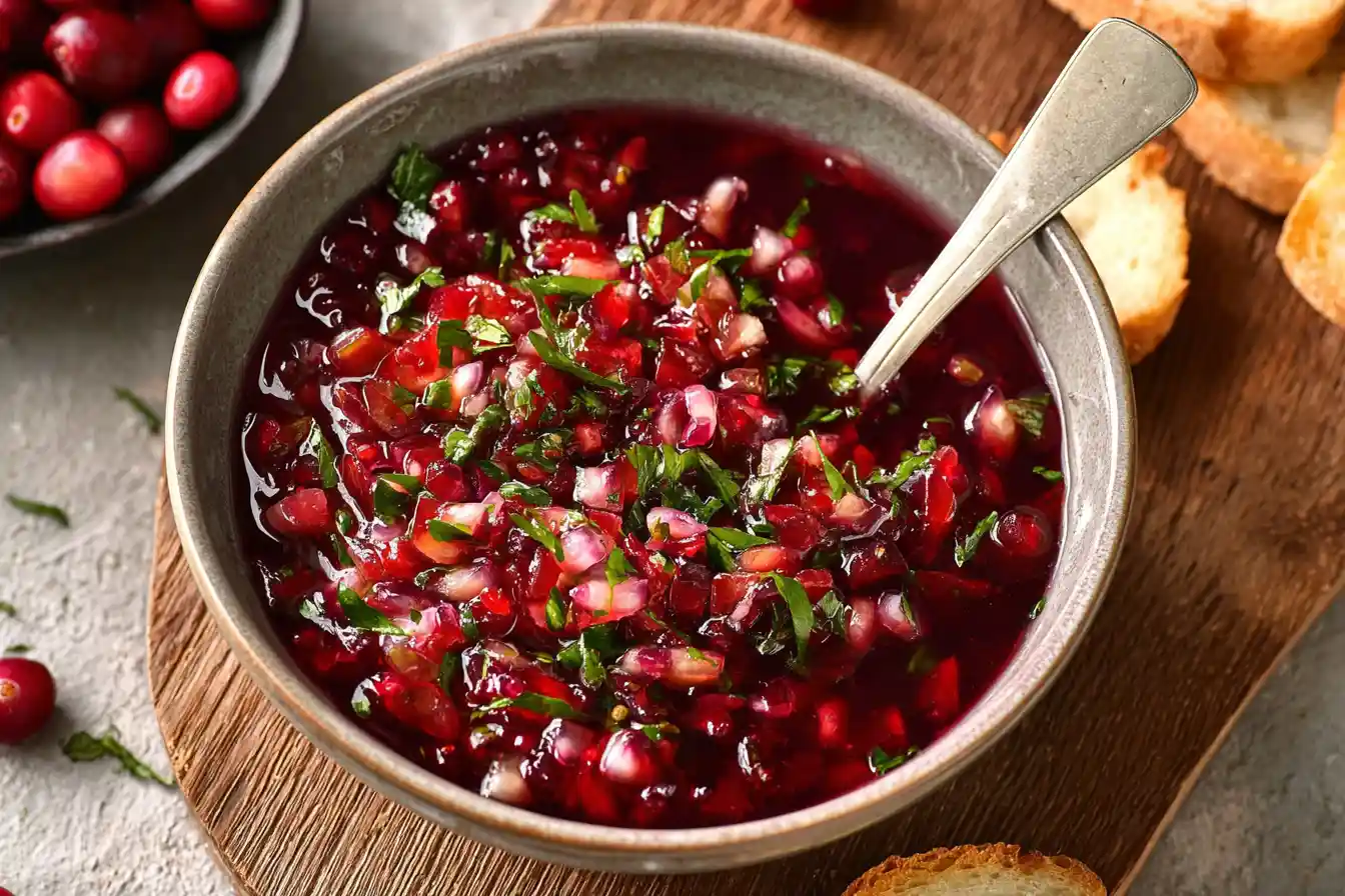 A vibrant red bowl of homemade cranberry salsa is centered on a wooden cutting board, surrounded by a scattering of crispy tortilla chips.