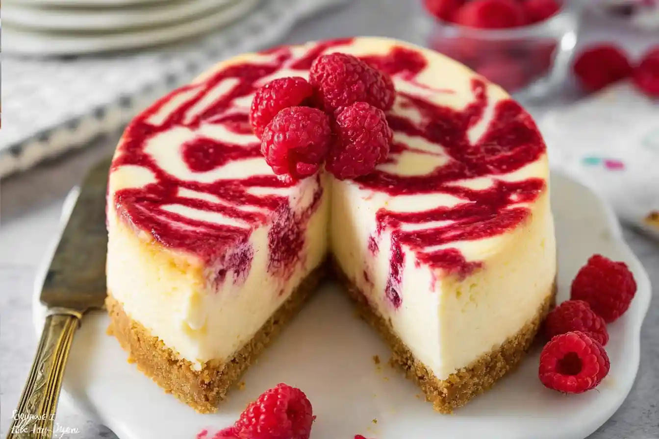 A delectable slice of creamy cheesecake featuring a vibrant raspberry topping and a sweet drizzle on a white plate.