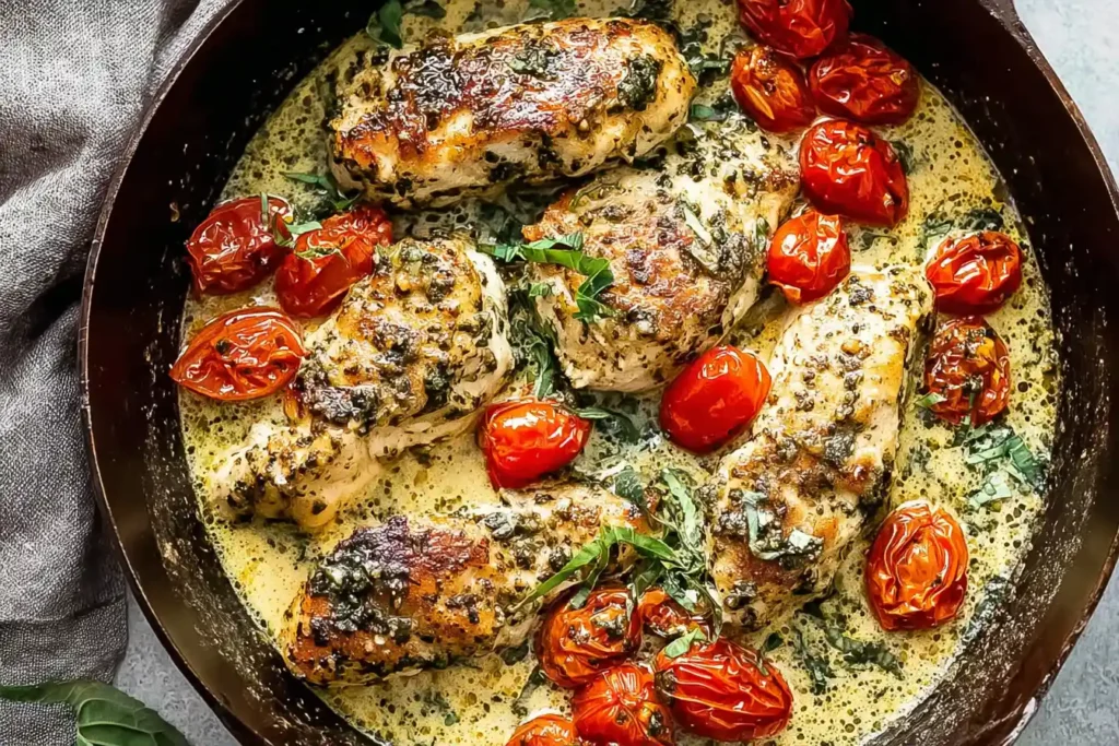 A close-up shot of a plate of Creamy Pesto Chicken, featuring tender chicken pieces coated in a vibrant green pesto sauce, garnished with fresh basil and cherry tomatoes.