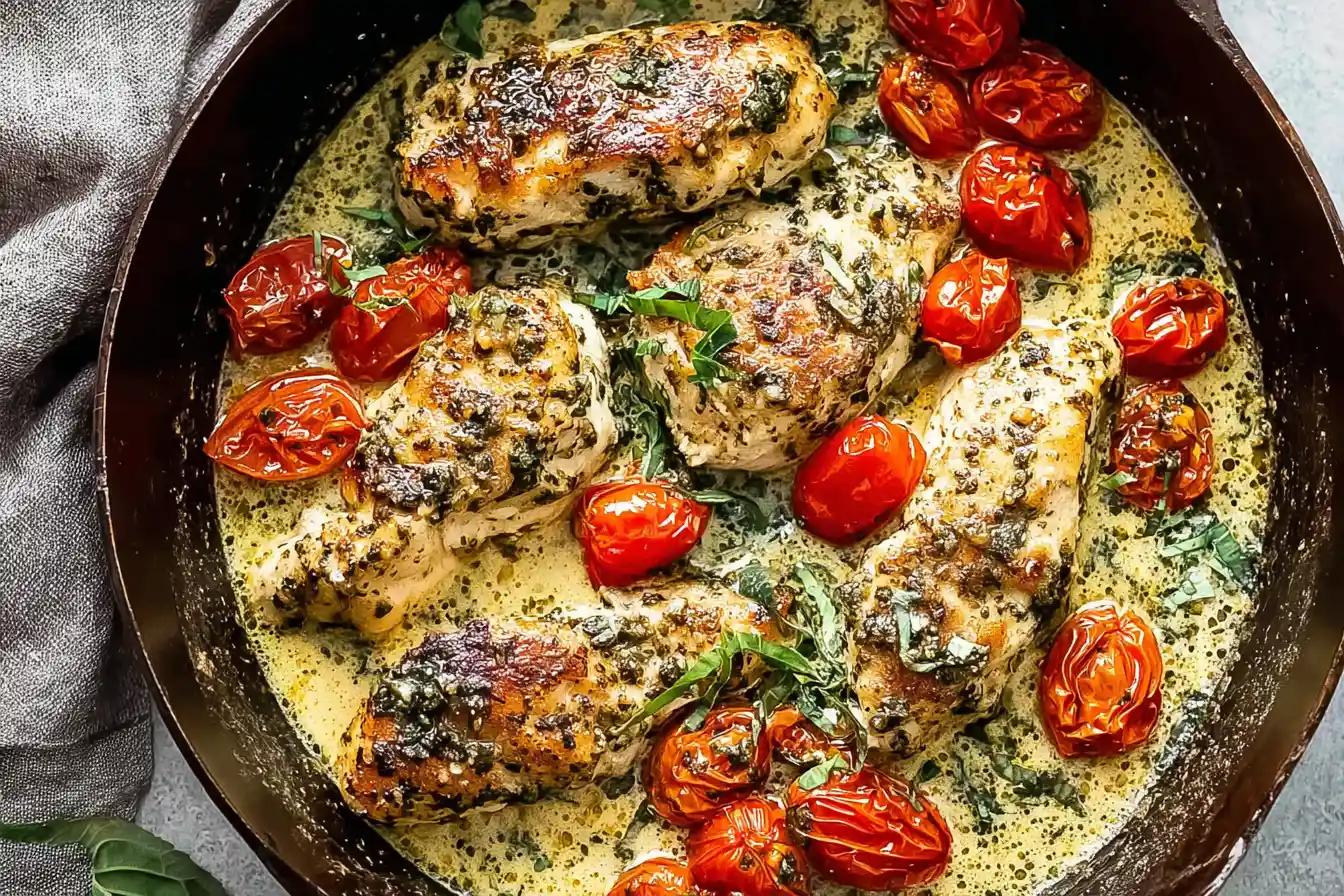A close-up shot of a plate of Creamy Pesto Chicken, featuring tender chicken pieces coated in a vibrant green pesto sauce, garnished with fresh basil and cherry tomatoes.