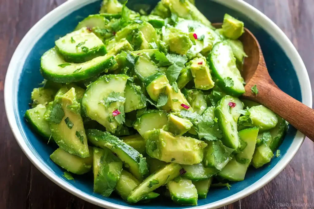 A close-up shot of a fresh and vibrant Cucumber Avocado Salad in a white bowl, garnished with fresh herbs and a drizzle of dressing.