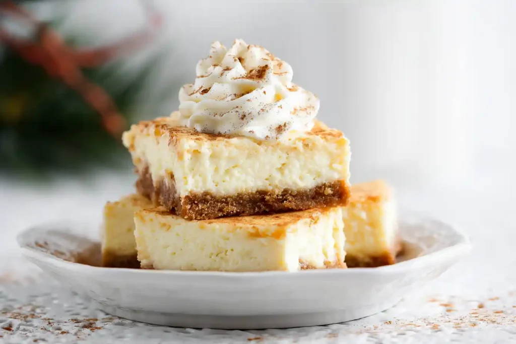 A close-up view of beautifully presented Eggnog Cheesecake Bars, garnished with a sprinkle of nutmeg.