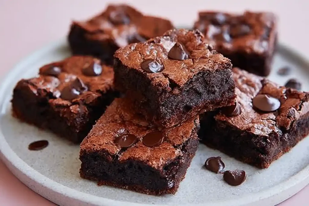 A close-up view of dark, fudgy Flourless Chocolate Chip Brownies with a crinkled top and visible melted chocolate chips.