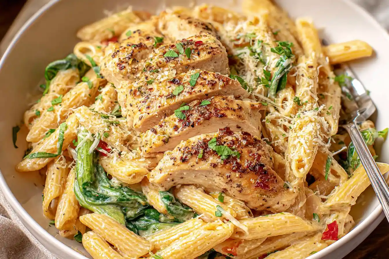 A close-up view of a serving of creamy Garlic Parmesan Chicken Pasta in a bowl, garnished with fresh parsley.