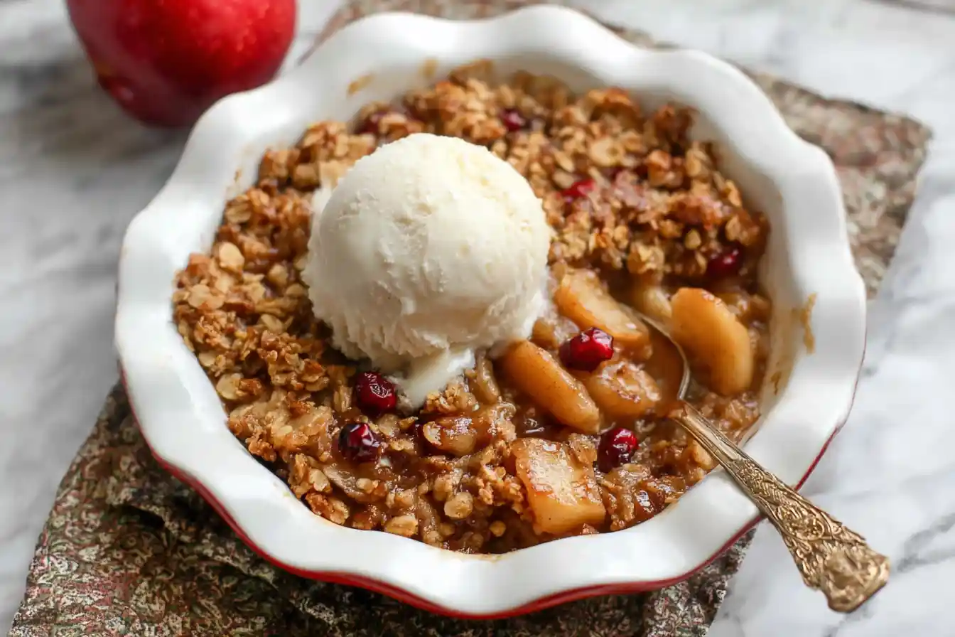 A close-up shot of a warm, golden-brown Gluten Free Apple Crisp in a white ceramic bowl, topped with a scoop of vanilla ice cream and a sprinkle of cinnamon.