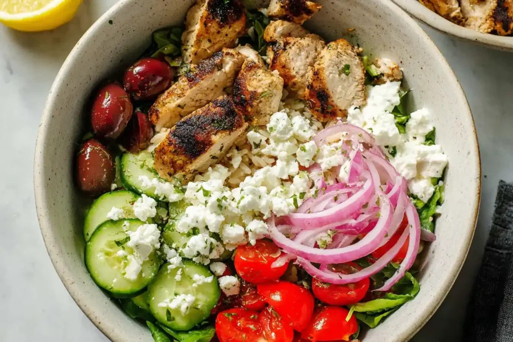 A top-down view of three vibrant Greek Chicken Bowls filled with grilled chicken, fresh vegetables, and tzatziki sauce.